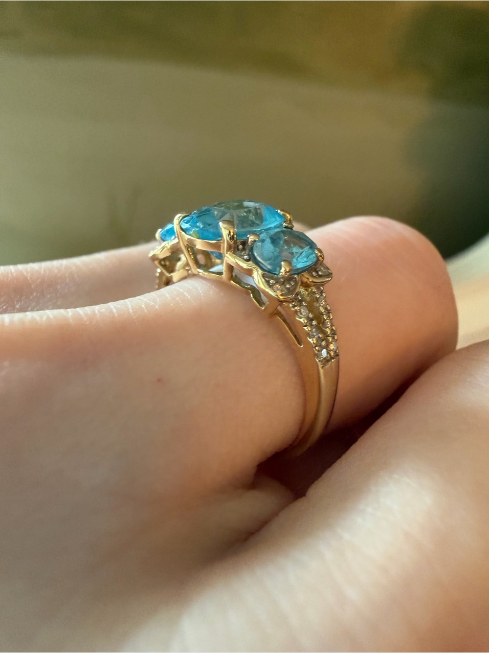 10k Solid Yellow Gold Ring with Genuine Blue Topaz Gemstone and Pavé Accents